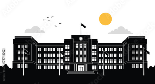 A grand building with flags flying under a bright sun and scattered clouds.