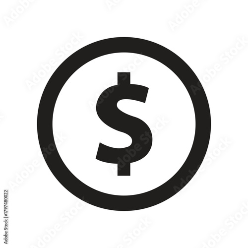 Dollar sign coin icon, featuring a strong black monetary symbol enclosed within a circle, is isolated on a white backdrop suitable for financial.