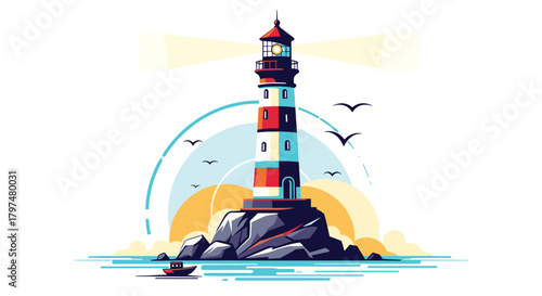 A tall striped lighthouse stands on a rocky island guiding ships at sea.