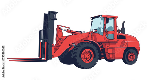 Red heavy duty forklift operating on an outdoor construction site.