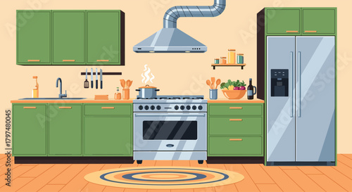 A cozy and well-equipped kitchen with green cabinets and modern appliances.