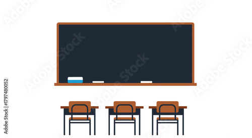 An empty classroom with a blackboard and three desks and chairs in front of it.
