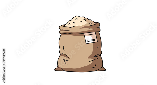 A large burlap sack overflowing with fine white powder or granular material.
