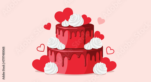 A decadent two-tiered red velvet cake adorned with creamy white frosting and an abundance of heart decorations symbolizing love and celebration.