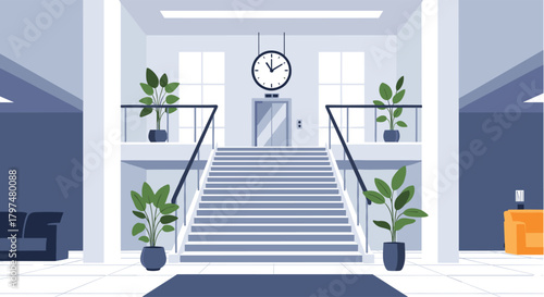 A modern office building lobby with a central staircase and elevator.