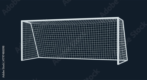 A wireframe illustration of a soccer goal with a net and a dark background.
