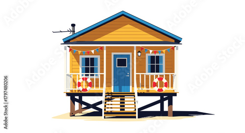 A charming yellow beach hut with blue accents and festive decorations stands on stilts over the sand.