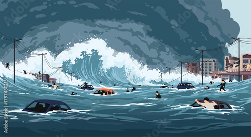 Massive tidal wave engulfs a city with submerged vehicles and debris.