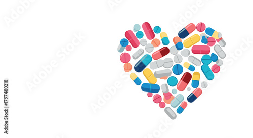 An assortment of colorful pills and capsules arranged in the shape of a heart, symbolizing the profound connection between medication and cardiovascular health.