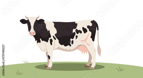 A black and white cow stands in a grassy field on a clear day.