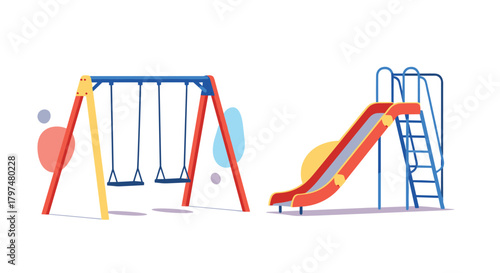 A bright and colorful playground scene featuring swings and a slide.