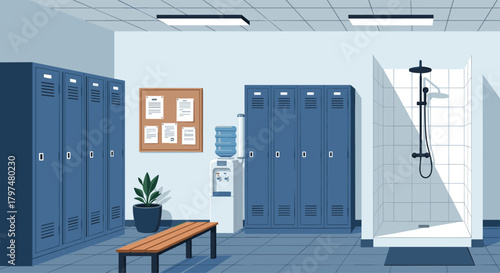 A sports locker room with lockers a water cooler and a shower area for athletes.