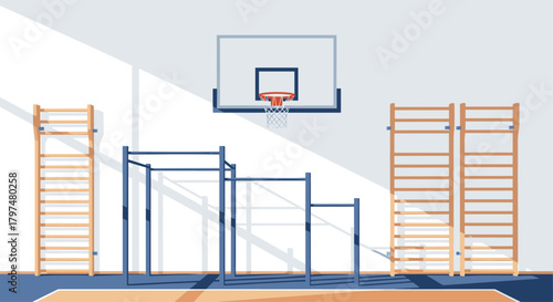 A bright gym with basketball hoop and climbing walls offers space for athletic activities.