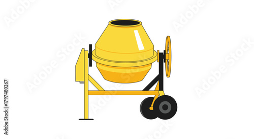 This illustration depicts a yellow concrete mixer on a white background.