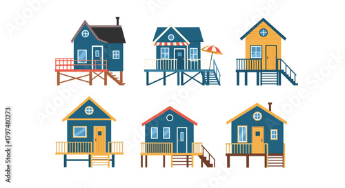 A collection of charming beach huts rendered in a pixel art style.
