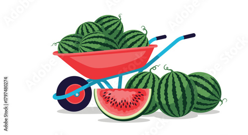A red wheelbarrow overflowing with ripe green watermelons beside a pile of fresh fruits and a sliced piece showing juicy red flesh on a white background.