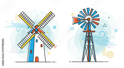 Two colorful windmills illustrated in a modern flat design style with abstract geometric elements.
