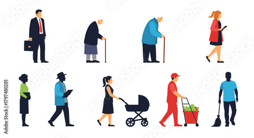 A diverse group of people of different ages occupations and backgrounds walking side by side.