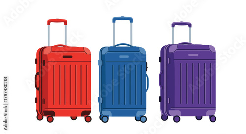 Three vibrant colored suitcases with retractable handles and wheels on a white background.