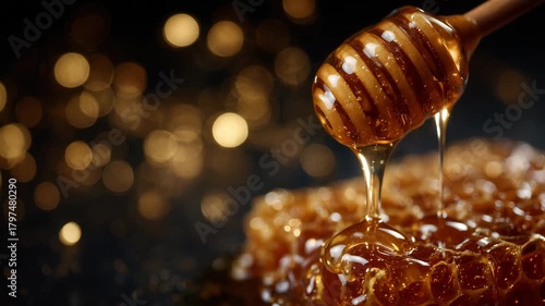 203Honeycomb with fresh honey oozing down, close-up focus on flowing viscosity and golden translucence, hexagon patterns in sharp relief, dramatic black backdrop emphasizing texture