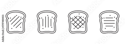 Toast bread linear icons set isolated on transparent background. Bread slices line icons. Toast bread slices vector illustration. Editable stroke.