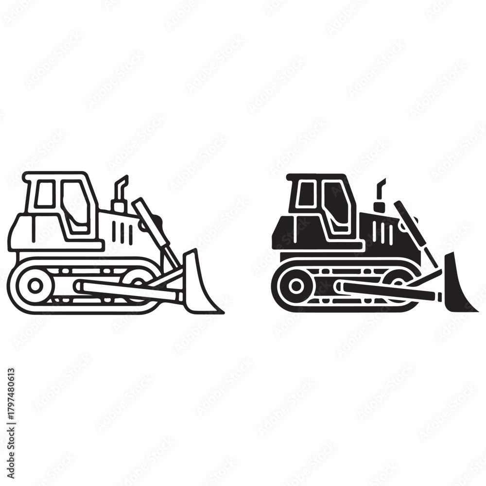 Naklejka premium Bulldozer Line Art and Solid Glyph Icons for Construction and Heavy Machinery