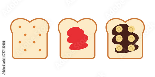 Bread Slice Topping Icon Set. Peanut Butter, Jam and Chocolate Banana Toast Illustrations, Minimal Breakfast Food Vector PNG.