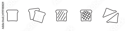 Toast bread linear icons set isolated on transparent background. Bread slices line icons. Toast bread slices vector illustration. Editable stroke.