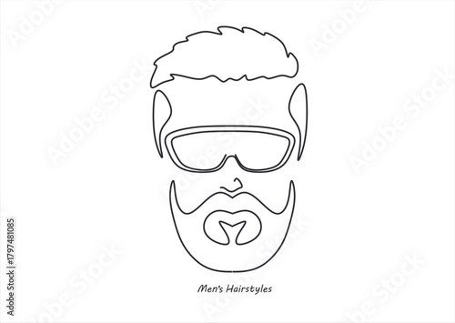 line drawing of adult man portrait with beard and mustache. Fashionable men's style vector illustration. line drawing. Editable stroke. 
