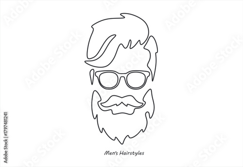 line drawing of adult man portrait with beard and mustache. Fashionable men's style vector illustration. line drawing. Editable stroke. 