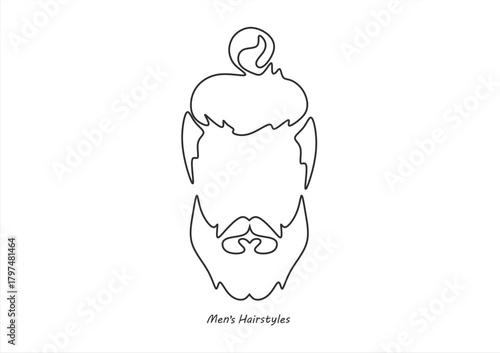 line drawing of adult man portrait with beard and mustache. Fashionable men's style vector illustration. line drawing. Editable stroke. 
