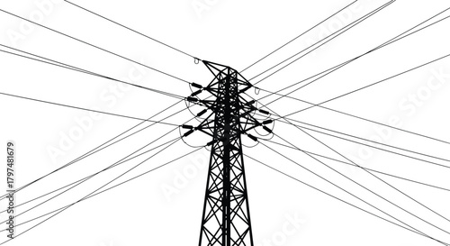 High voltage transmission tower silhouette with multiple power lines spreading outward against clear sky, illustrating energy infrastructure and electricity distribution