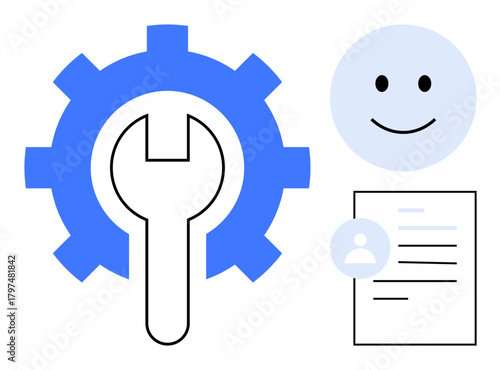 Gear and wrench symbolize tools and customization, paired with a happy face and user profile. Ideal for user interface, personalization, maintenance, customer support, technical service, user manual