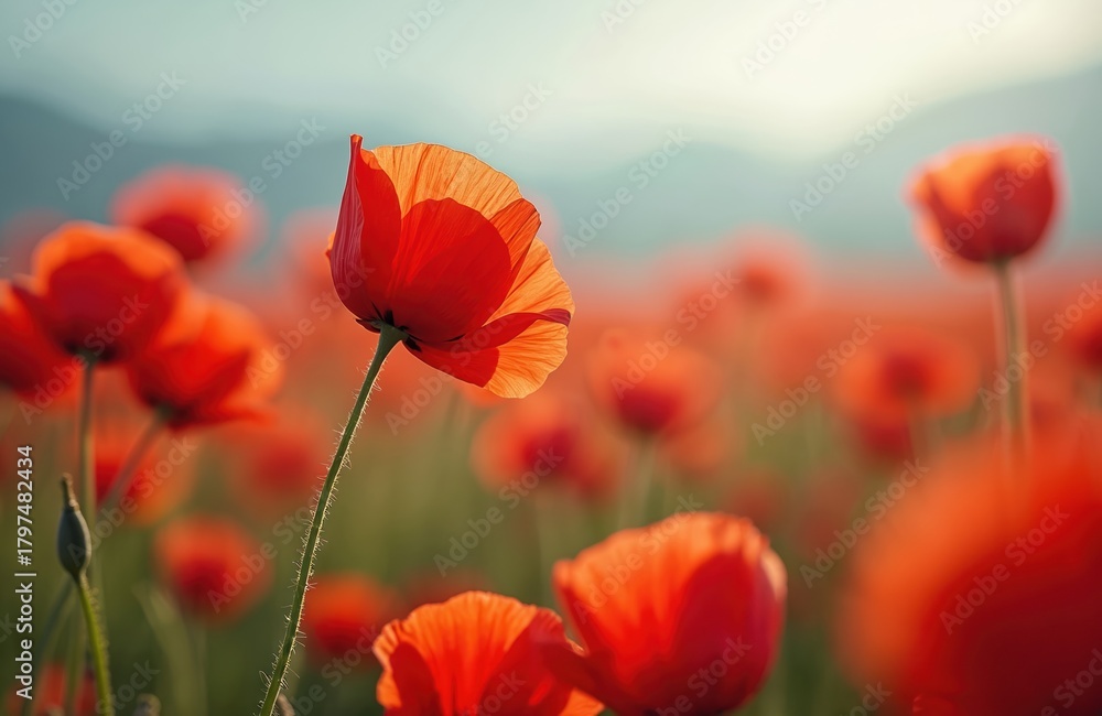 Naklejka premium Scenic view of poppy field. Red poppy flowers bloom in meadow during springtime. Floral landscape shows papaver plants at summer sunlight in wild nature. Eco concept of blossom field.