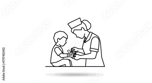 Nurse administering medical care to a young child line art illustration.