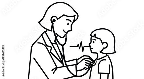 Female doctor using a stethoscope to examine a young girl a simple black and white line art illustration.