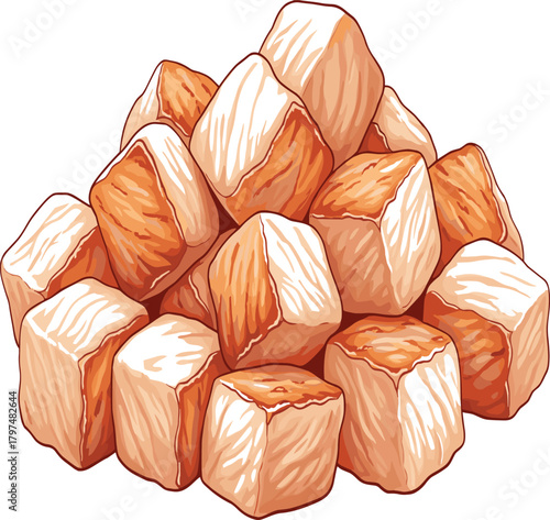 Realistic Stack of Cooked Chicken or Fish Meat Cubes Vector Illustration - Food Ingredient Graphic