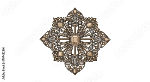 Ornate Vintage Filigree Brooch with Central Square Gemstone.