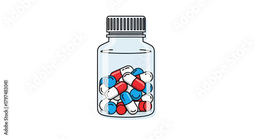 Illustrated transparent pill bottle containing red blue and white medicinal capsules.