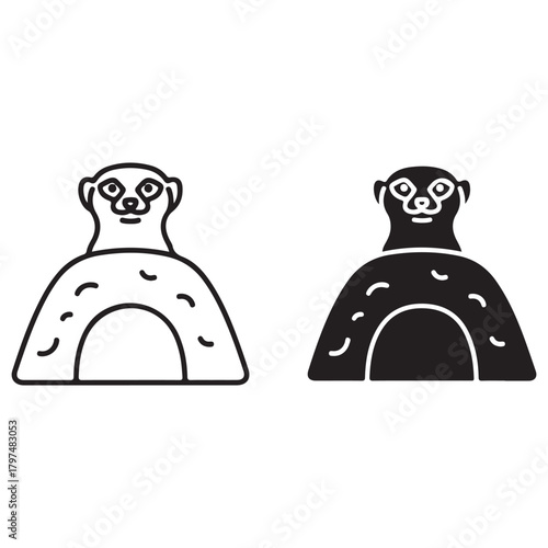 Alert Meerkat Emerging from Burrow Line Art and Silhouette Icons