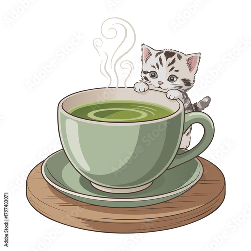 Isolated white porcelain tea cup and saucer with hot brown coffee and a black cat on a green table