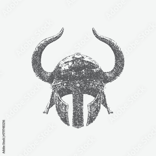 Halloween Warrior Helmet collage element with vintage stippling photocopy effect. with experimental grunge dotted texture