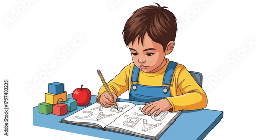 Young Boy Concentrating on Writing in a Notebook.