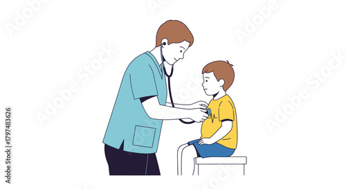 Doctor examining a young boy with a stethoscope during a medical checkup.