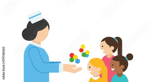 Caring female nurse in a blue uniform giving colorful vitamins to a diverse group of happy children.