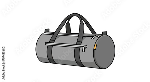 Gray Cylindrical Duffel Bag with Black Handles and Zipper.