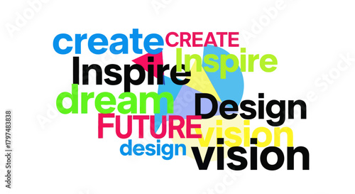 A colorful typographic word cloud featuring motivational words like create inspire dream future design and vision.