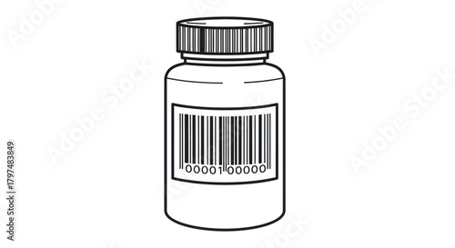 Simple Line Drawing of a Medicine Bottle with Barcode.