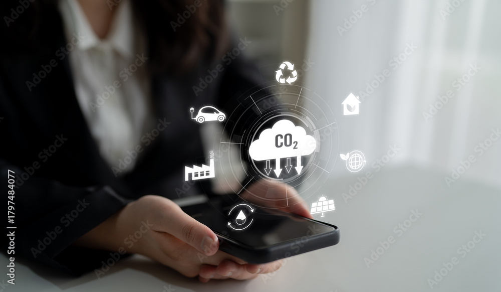 Naklejka premium Net zero and CO2 reduction strategies promote sustainability, renewable energy, and climate-responsible business practices for a greener future. Latch