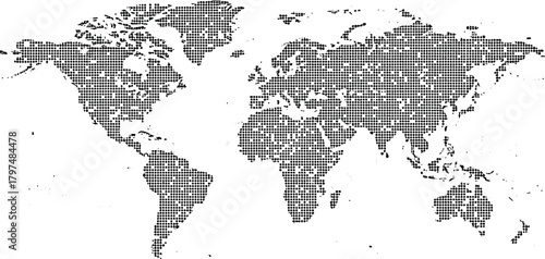 Abstract world map with digital glitch effect and grid overlay representing global connectivity